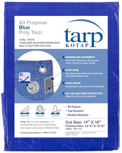 Kotap 14 x 16 Ft. All-Purpose Multi-Use Protection/Coverage 5-mil Poly Tarp, Waterproof, Blue, 1-Pack (TRA-1416)